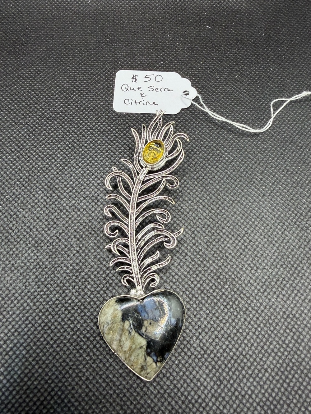 Que Sera and Citrine HeartFeather Pendant 3”